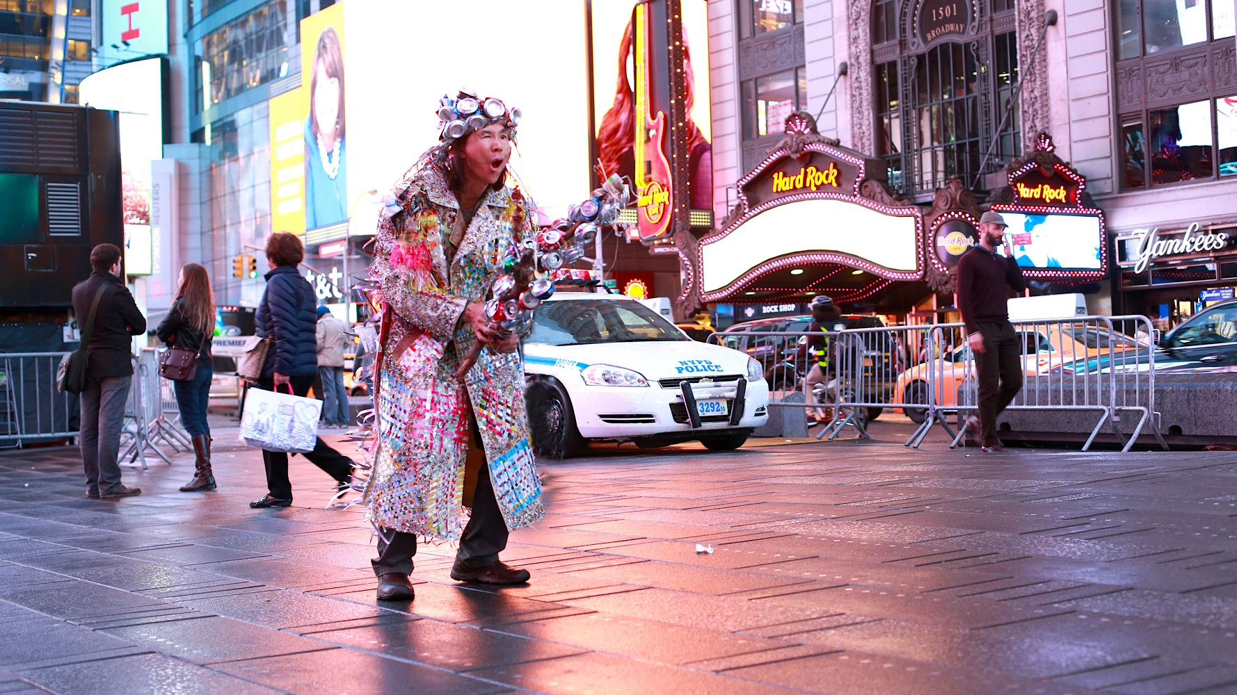 Multidisciplinary artist Chin Chih Yang performs in New York City's Time Square.
